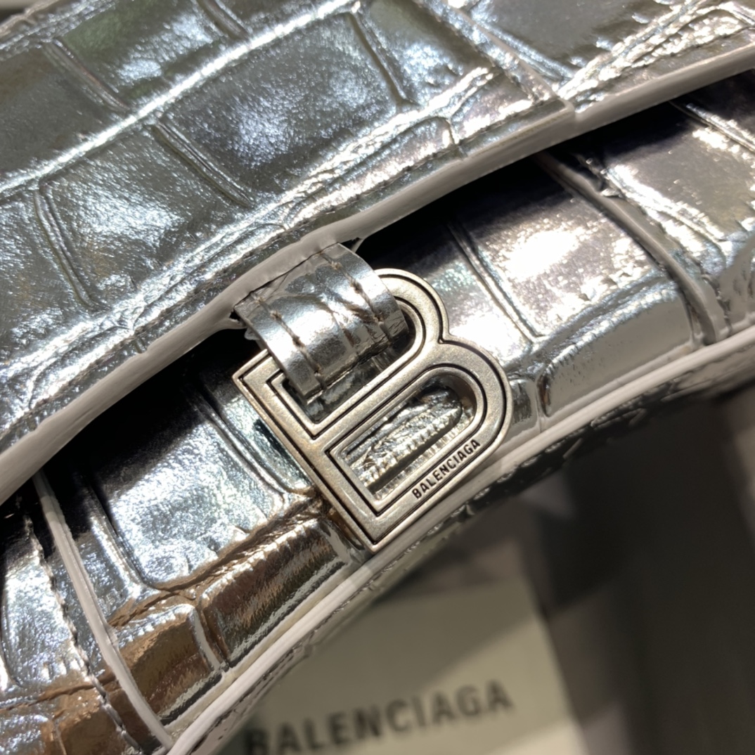 Balenciaga Hourglass Mini Handbag Crocodile Embossed Shoulder Bag Silver 